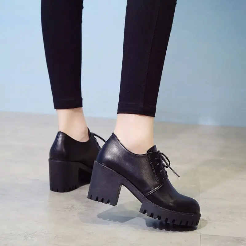 Женские офисные туфли LIHUAMAO вечерние на блочном каблуке со шнуровкой и круглым