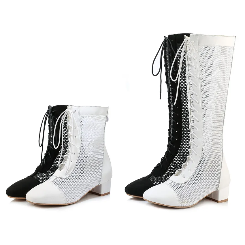 Летние женские сапоги до колена на среднем каблуке пикантная женская обувь