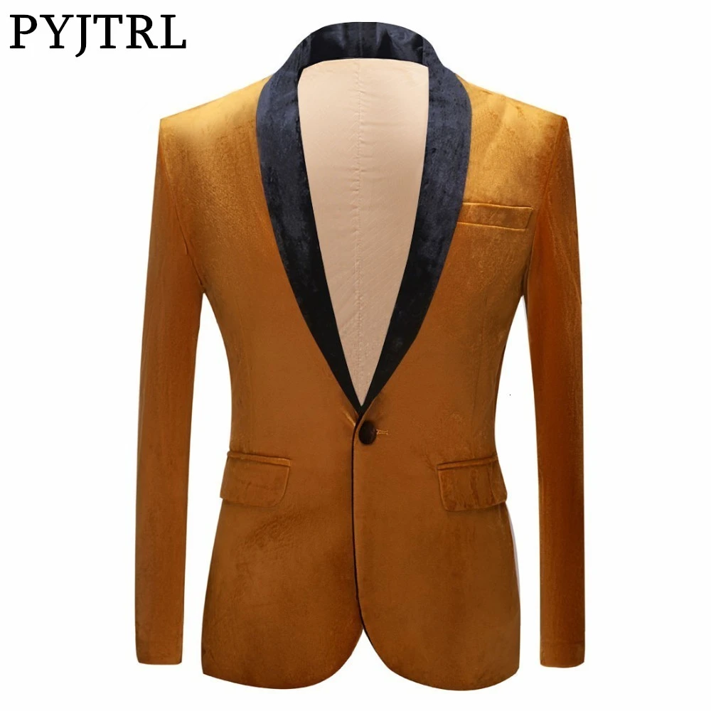 

PYJTRL Autumn Winter Wedding Groom Shawl Lapel Gold Blazer For Men Shiny Velvet Suit Jacket Stage Singers Prom Slim Fit Blazers