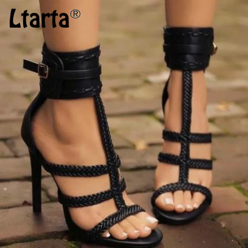 Женские босоножки с плетеным ремешком LTARTA на шпильке Т-образным и пряжкой модель