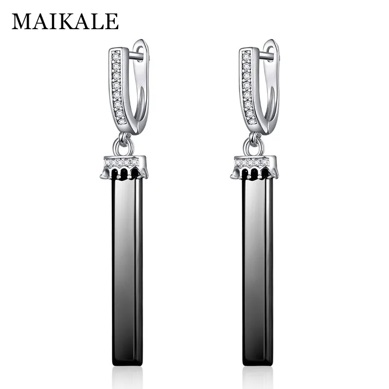 silver black MAIKALE, черные, белые керамические длинные серьги, корона, серьги для женщин, новая мода, кубический цирконий, золото, серебро, CZ, висячие серьги, подарки - Окраска металла: silver black