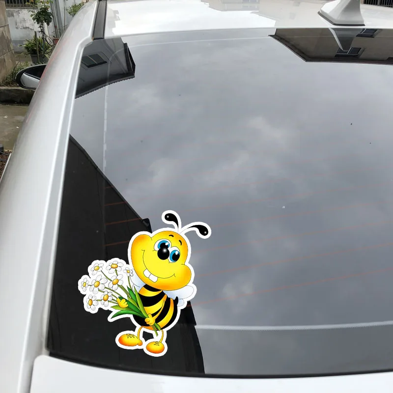 

Funny The Bees Hold A Bunch of Flowers Cover Scratches Colorful Car Sticker and Decal SUV Fine Decal Decor Graphic PVC12x10cm