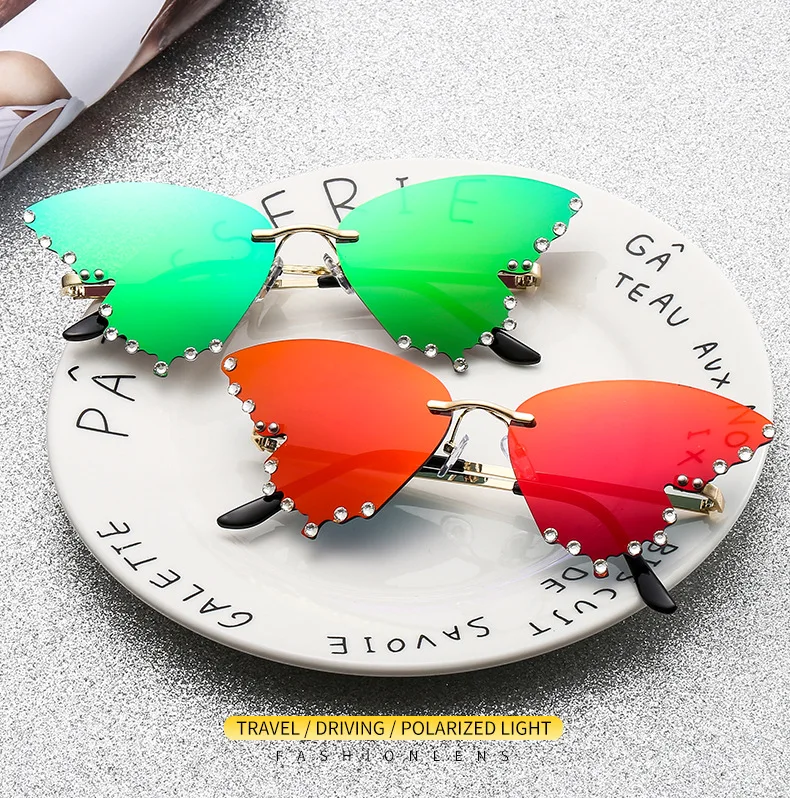 

Fashion Butterfly Diamond Sunglasses Women 2020 Rimless Sun Glasses Rhinestone Frameless Frame Oversized Cat Eye Vintage