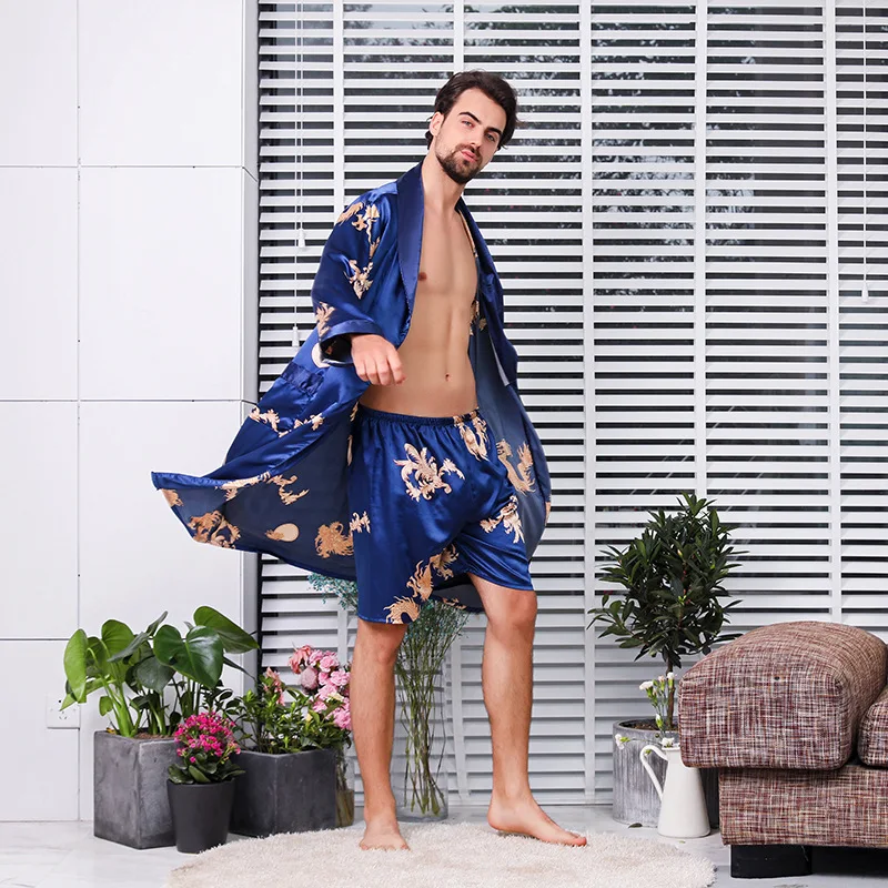 Oversize Bath Robe Men Long Sleeve Mens Bathrobe Imitate Silk Nightgown Sleep Tops Kimono Men Home Bath Gown Male Printed Robes