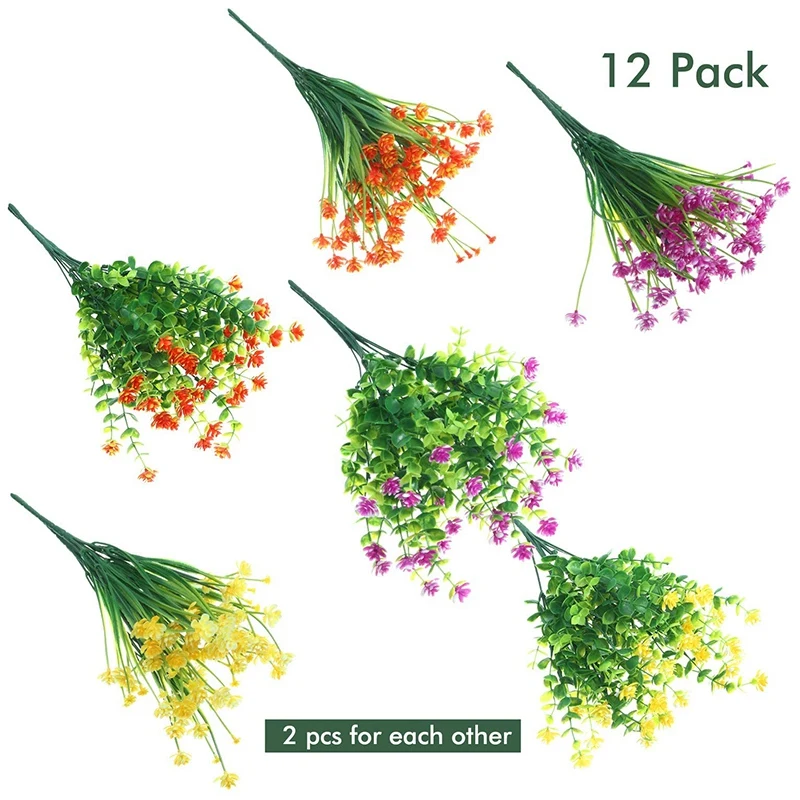 

12 Pieces Artificial Flowers 6 Types Outdoor UV Resistant Shrubs Plants for Hanging Planter Home Wedding Porch Window