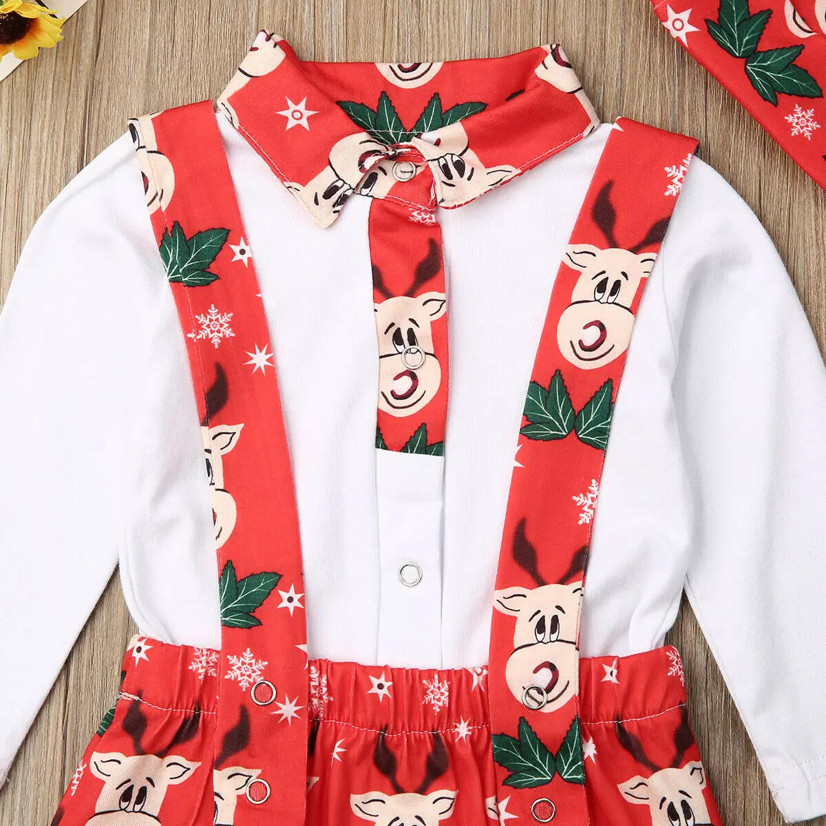 

Newborn Baby Boy Girl Outfit 3PCS Christmas Set Long Sleeve Romper Tops Bib Strap Pants Hat Autumn Winter Clothing
