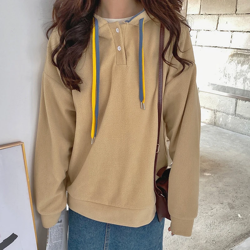 

Winter Korean Style Hooded Wild Loose Plus Velvet Thick Hong Kong Flavor Solid Color Hoodie