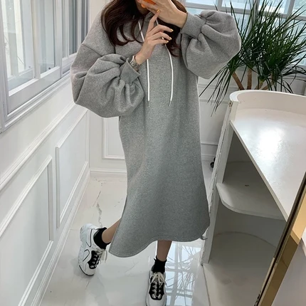 GETSPRING Women Dress Lantern Sleeve Split Thicken Hooded Dresses Gray Black Pink Vintage Plus Size Long Dresses New Autumn