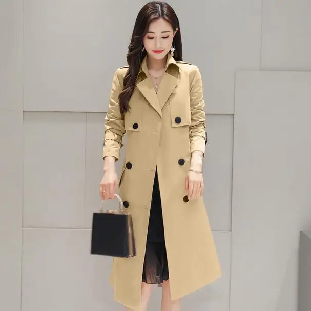 2019 Осень Новые высокие длинные тонкие женские Классические двубортные тренчи