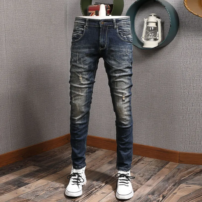 European American Vintage Fashion Men Jeans Retro Blue Slim Fit Ripped Jeans Men Streetwear Spliced Designer Denim Punk Pants