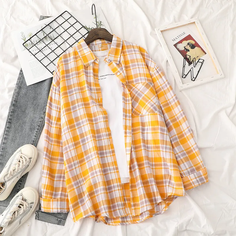 Качественная тонкая хлопковая свободная клетчатая рубашка средней и длинной