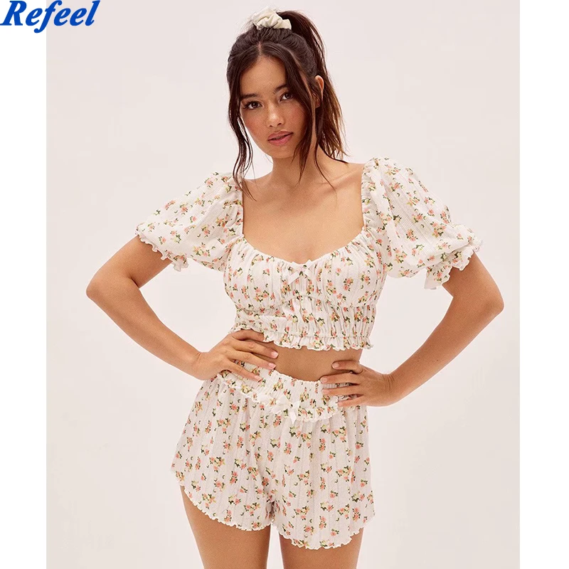 

Sweet Floral Print Shorts Women Fungus Edge Elastic High Waist Short Femme Holiday Boho Summer spodenki damskie