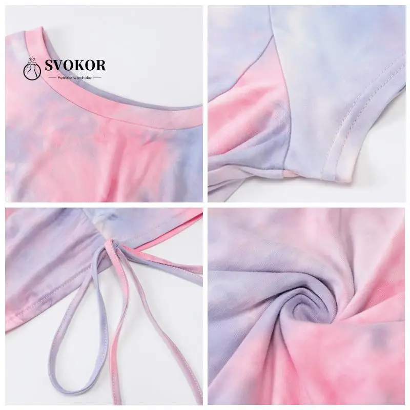 

SVOKOR Tie-dye Drawstring Dress Women Summer O-Neck Bodycon Dress Mini Sexy Party Night Club Clothes Women Package Hip