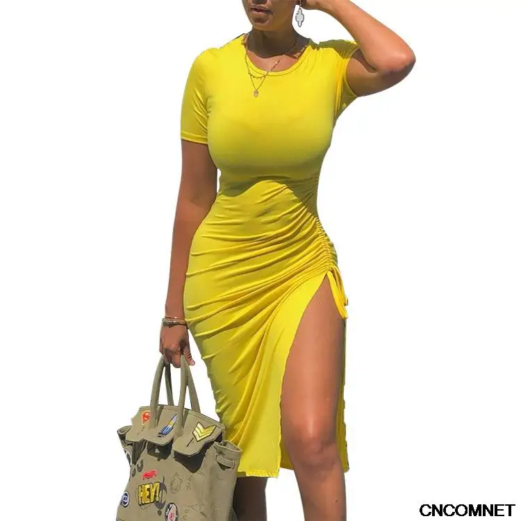 

Summer Tie-dye Printing Pencil Dress Women Shrinkage Drawstring O-Neck Short Sleeve Mid Waist Slim Hips Dress For Femme Vestidos
