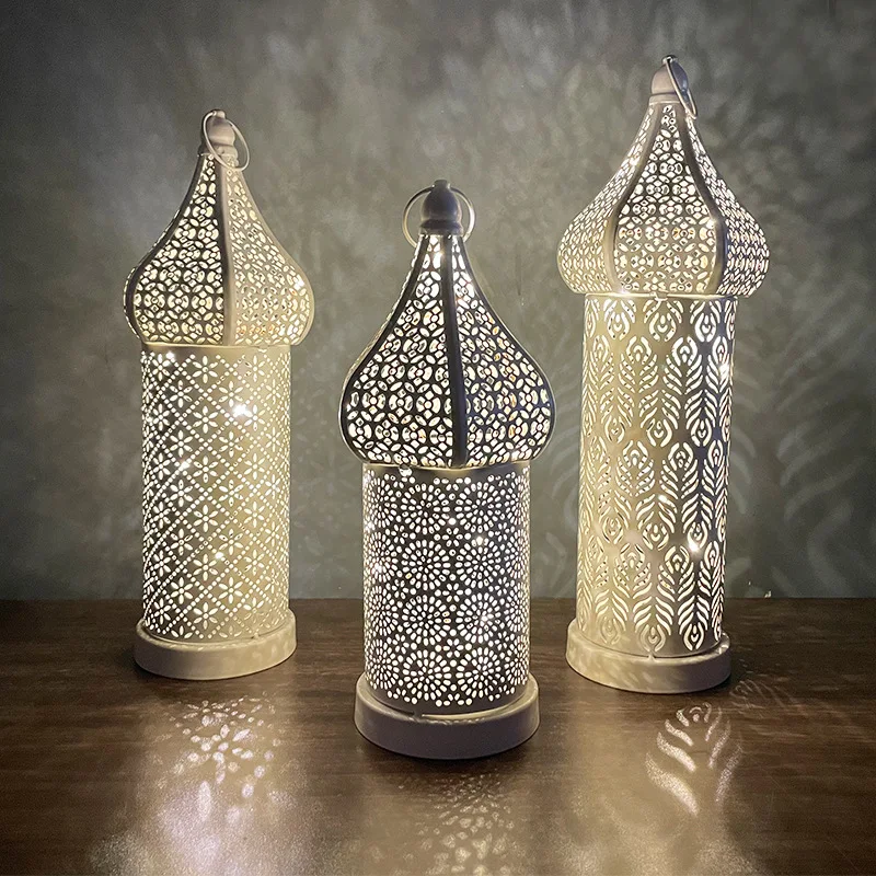 

2021new Moroccan White Hollow Led Wind Lamp Wrought Iron Lantern Home Bedroom Living Room Muslim Decorative Lamp Ornaments