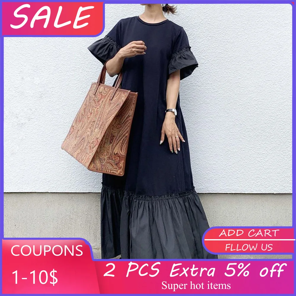 

Black Pleated Long Dress Women Short Sleeve Loose Summer Robe Korean Fashion 2021 Oversized Casual Women's Dresses