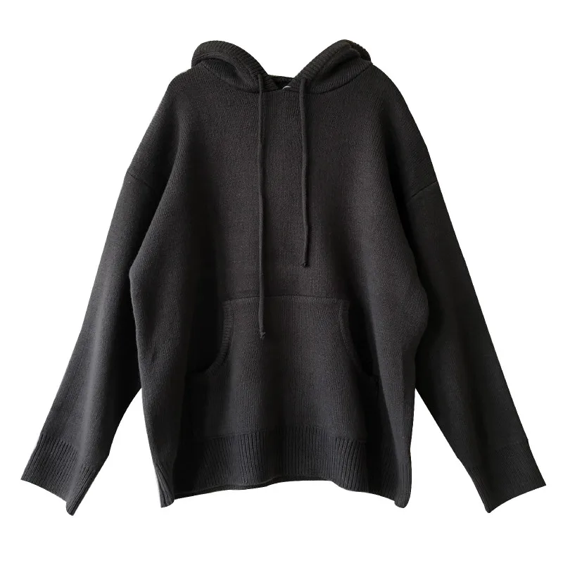 

Korean Institute Wind Lace-up Hooded Long Sleeve Knitted Sweaters Womens Autumn Winter Casual Big Pocket Loose Pullover Jumper