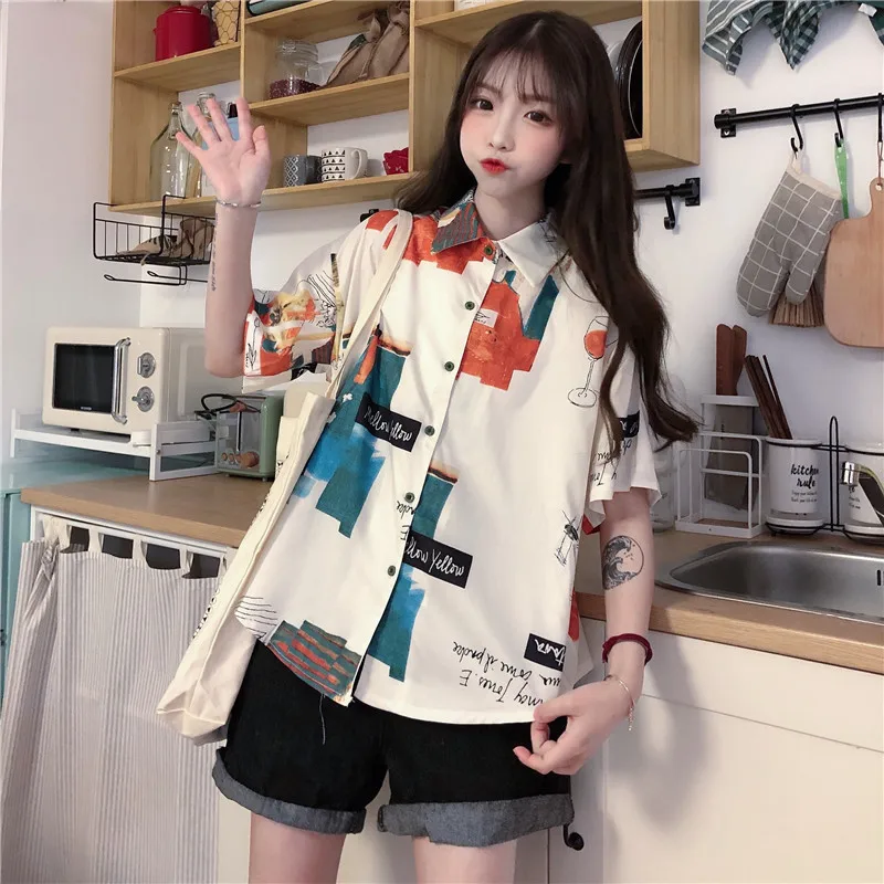 

2021 Spring Korean style Short sleeve Women Blouse Shirt print Loose Oversize Tunic Ladies Shirt Turn Down Collar Female Clothin