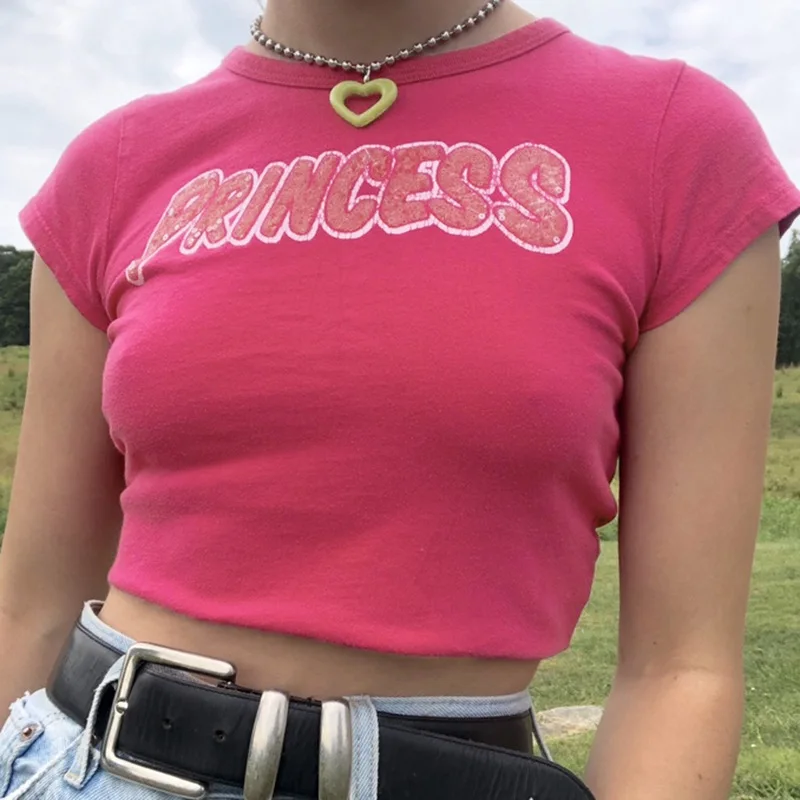 

2021 Summer Women Letter Printing Slim Round Neck Short-sleeved T-shirts Streetwear Soft Cute Casual Y2k Crop Top Female Tees