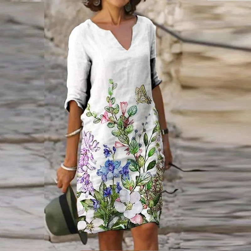 

Женское платье с цветочным принтом, винтажное свободное платье с коротким рукавом, V-образным вырезом, лето 2021, женское платье-миди, размера ...