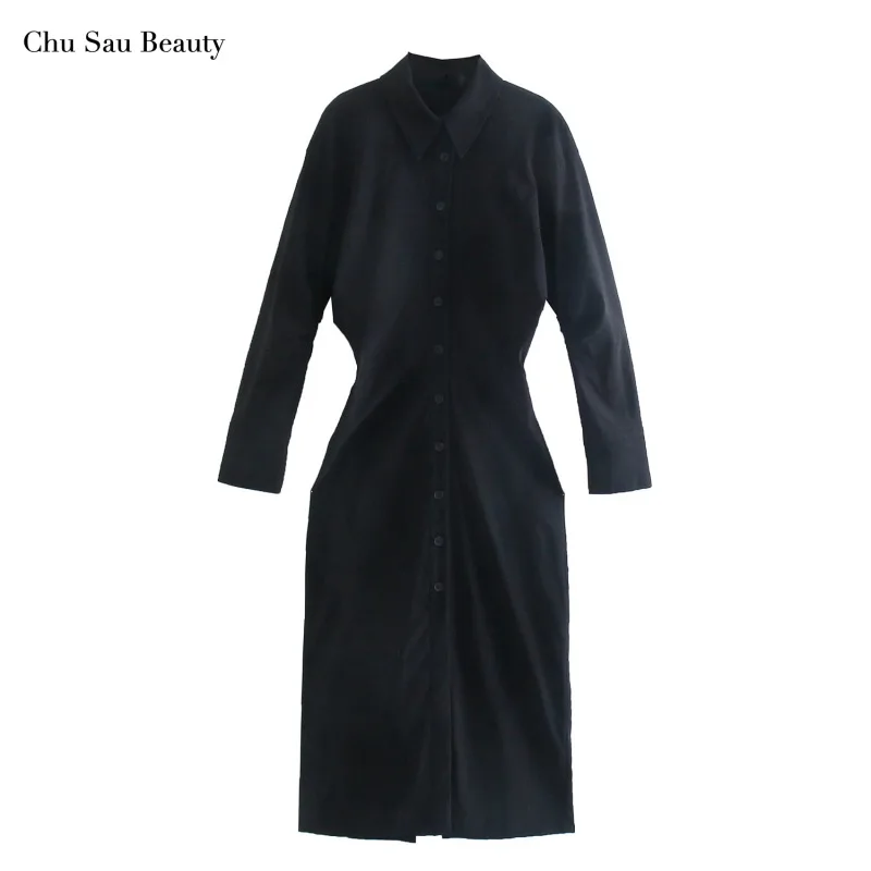 

Chu Sau Beauty ZA Ladies Spring And Autumn Midi Shirt Dress Fashion Lapel Single-Breasted Long-Sleeved Waist Slimming Dress