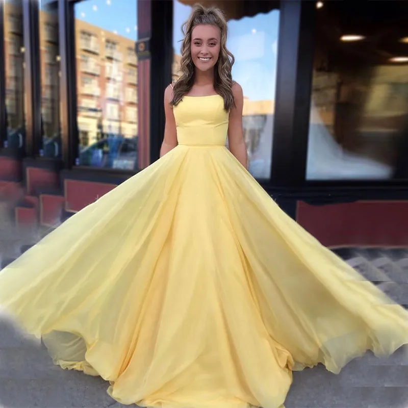 

Simple vestido graduacion largo Spaghetti Straps Yellow Chiffon Prom Dresses Long 2021 Cheap Young Girls Formal Party Gowns