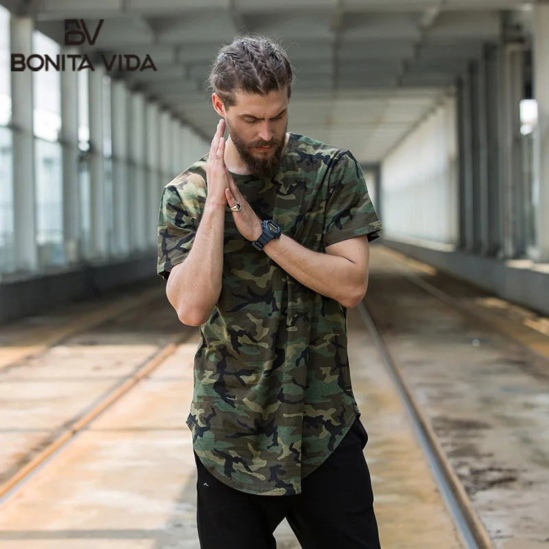 Bonita Vida, большие размеры, камуфляж, длинный рукав, рубашки для мужчин, лето, Харадзюку, хип-хоп, изогнутый подол, уличная одежда, хлопок, Мужская футболка