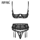 Женское нижнее белье из трех предметов, костюм, нижнее белье, прозрачный кружевной бюстгальтер на косточках с открытой чашкой и стрингами, пояса для чулок, экзотические комплекты