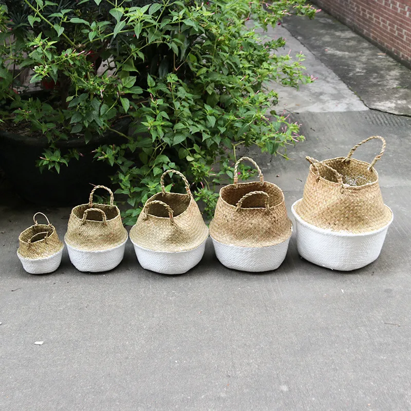 

Multiple Sizes Available Natural Seagrass Woven Storage Baskets Flower Vase Hanging Basket with Handle Storage Bellied Basket