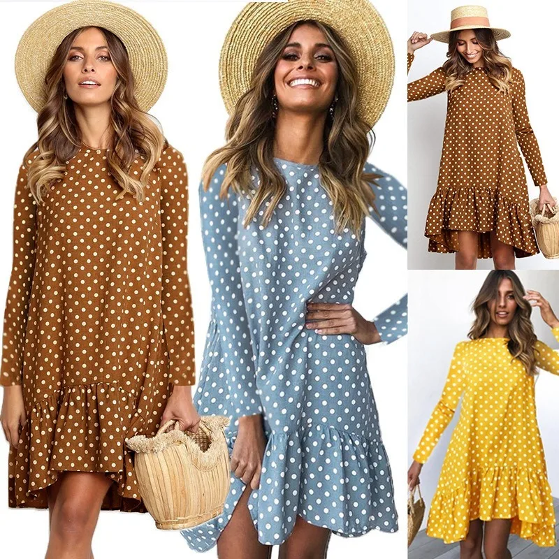 Женское осеннее платье Модное шифоновое в горошек с длинным рукавом и круглым