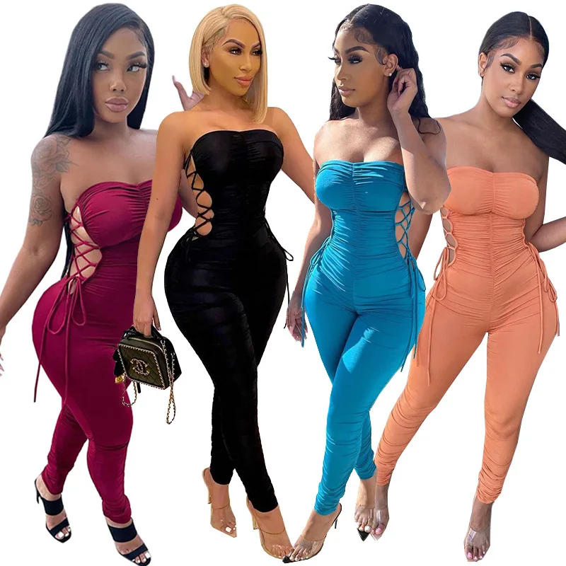 

94G8124 Summer new fashion casual chest wrapped solid pleated sexy women's Jumpsuit jumpsuits for women 2021elegant