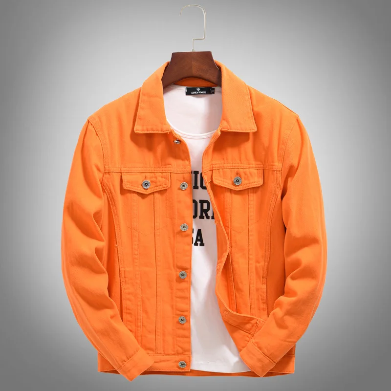 Classic Men Solid Color Slim Denim Jacket Orange Purple  Comfortable Simplicity Youth jeans Jacket Coat Brand Clothing