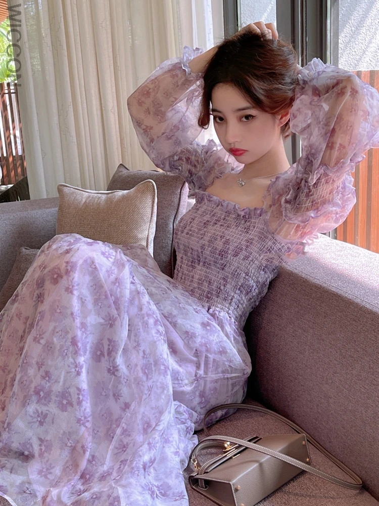 

Summer Lace Elegant Midi Dress Women Puff Sleeve Square Collar Boho Beach Floral Dress Female Party One Piece Dress Korean