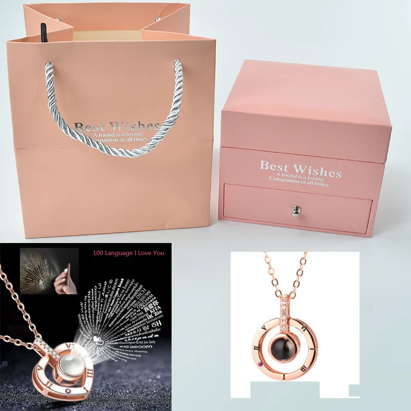 

Romantic gift Red Soap Foam flower rose Jewelry pink Box with 100 Languages Necklace Strange Gift For Valentines Day