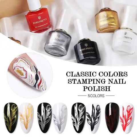 Born Pretty varnish for Stamping Nails, 1 bottle 7 ml, golden, silver, black, white colors, nail polish, classic color, manic ...