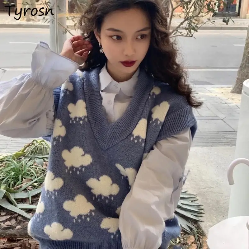 

Women Sweater Vests Sweet Girls Knitwear Retro Clouds V-neck Loose Ulzzang Tender Preppy Style Students All-match Lovely Jumpers