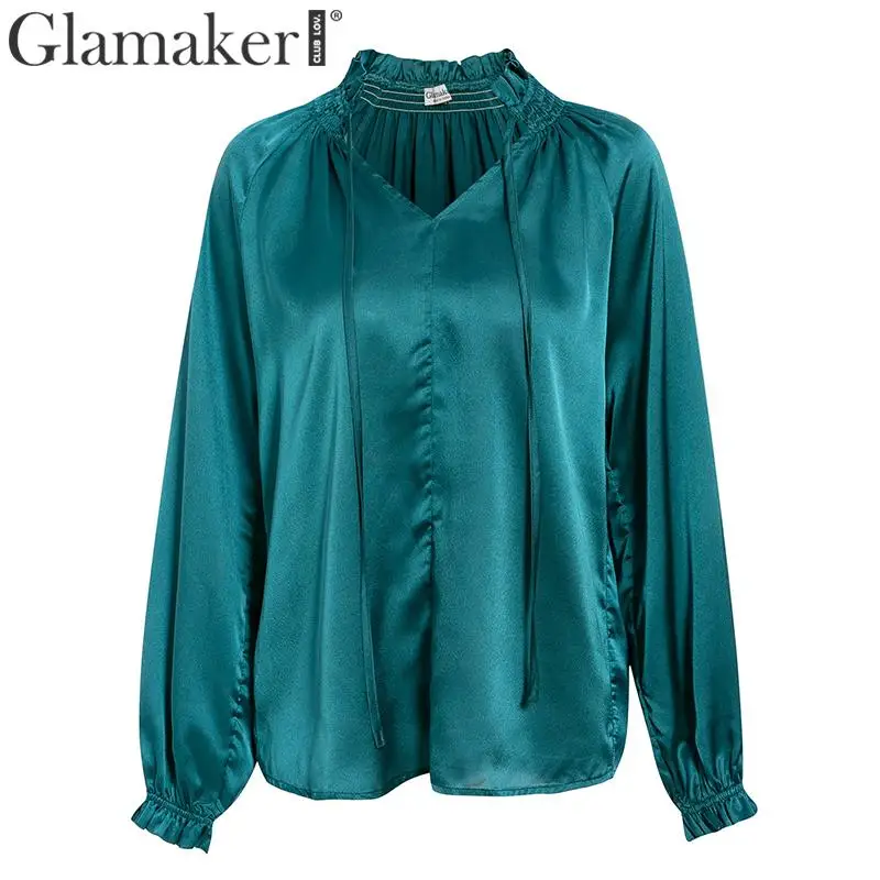 Glamaker, атласная, с длинным рукавом, сексуальная женская блузка, рубашка, v-образный вырез, для офиса, леди, Элегантная блузка, женская, осенняя, модная, шикарная блузка, топы
