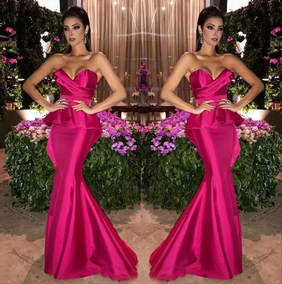 

Fuchsia Satin Mermaid Long Evening Dresses Arabic Sweetheart Ruched Peplum Floor Length Formal Prom Party Gowns