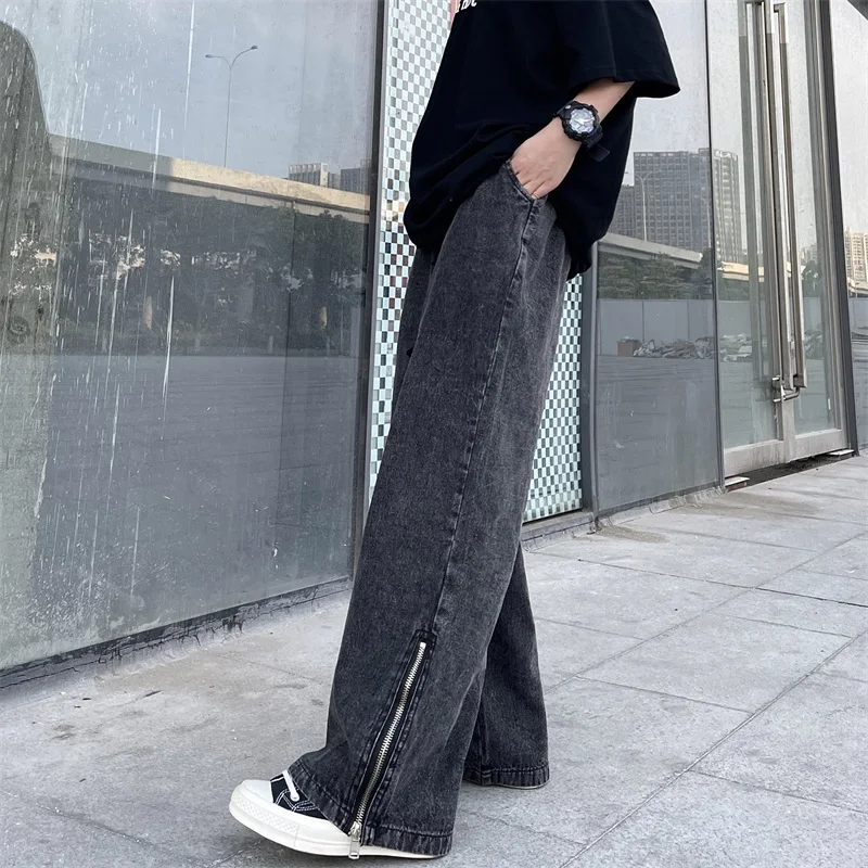 

Korean of Harajuku style distressed washed straight all-match zipper loose wide-leg jeans pants women