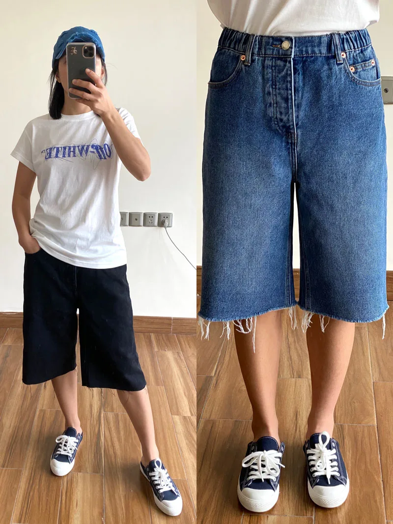 

Джинсовые брюки King с резиновой талией, повседневные свободные универсальные хлопковые прямые брюки до колена, синие Черные, весна-лето