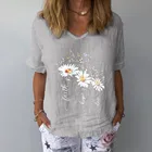 Женская тонкая футболка Sumer, из хлопка и льна, с принтом маргариток, с V-образным вырезом, с коротким рукавом, дышащая, мягкая, 2021