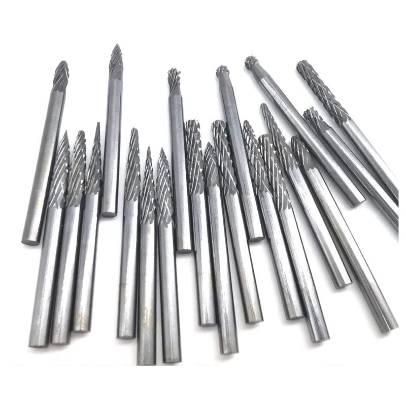 

20 Pieces 1/8 Inch (3mm) Shank Tungsten Steel Burr Grinder Rotary Set with Double Cut Rotary Tool Bits for Woodworking