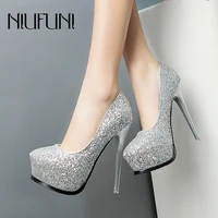 niufuni spring stiletto high heels platform shiny women shoes bling round toe sequins pumps wedding party shoes pure color sexy