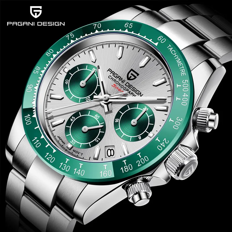 

PAGANI DESIGN Quartz Brand Green Watch men Business 100M Waterproof Men watches Stainless Steel Luminous Seiko VK63 reloj hombre