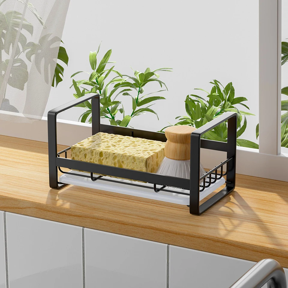 

Kitchen Sink Sponge Holder Stainless Steel Soap Dispenser Sink Caddy Organizer Countertop Dish Rack Drainer With Drain Tray