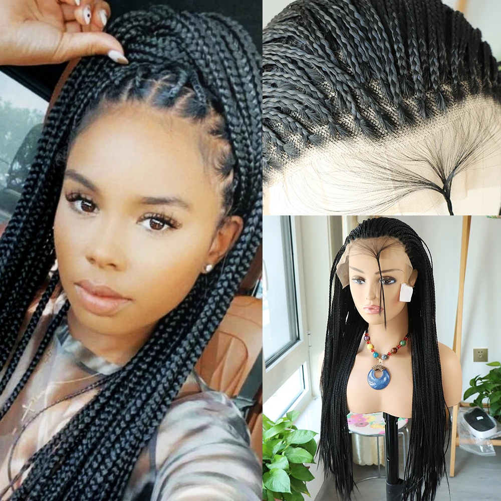 Box Braided Wigs Lace Front Handmade Micro Braided Wig Straight Long Synthetic Braiding Hair Wigs with Baby Hair For Black Women