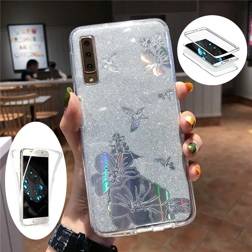 360 PC + TPU Front Back Buterfly Flower Glitter Phone Case For Samsung Galaxy Note 10 9 8 A10 A20E A30 A50 A70 2019 Cover |