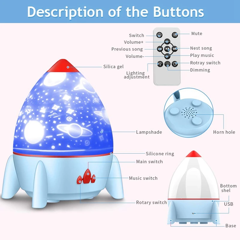 

Children's Music Night Light Projector, 360 Degree Rotating LED Light, Remote Control Rechargeable Sleep Light