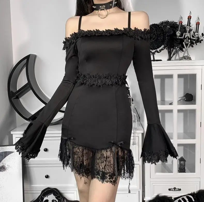 

Niggeey Vintage Black Off Shoulder Bodycon Mini Dress Lace Trim Long Flared Sleeve Corset Dresses Women Elegant Party Dress