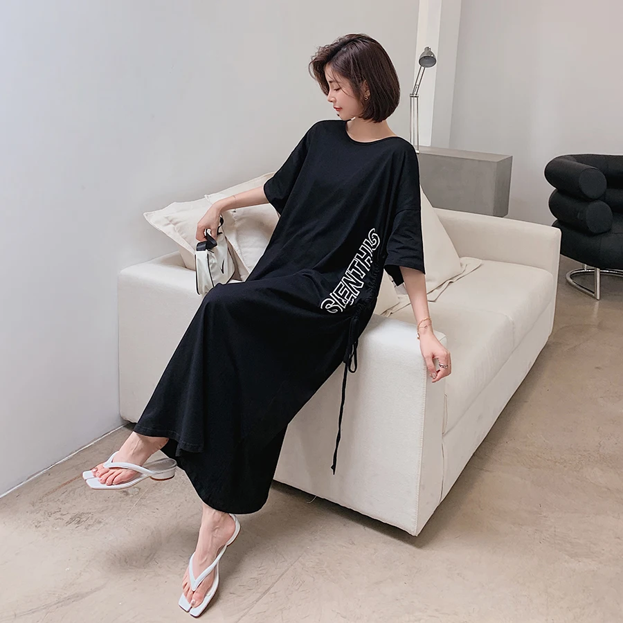 Lace Up T Shirt Dresses Black Gray Short Sleeve O Neck Casual Loose Dress Letter Printed Fashion Streetwear Long Women | Женская одежда